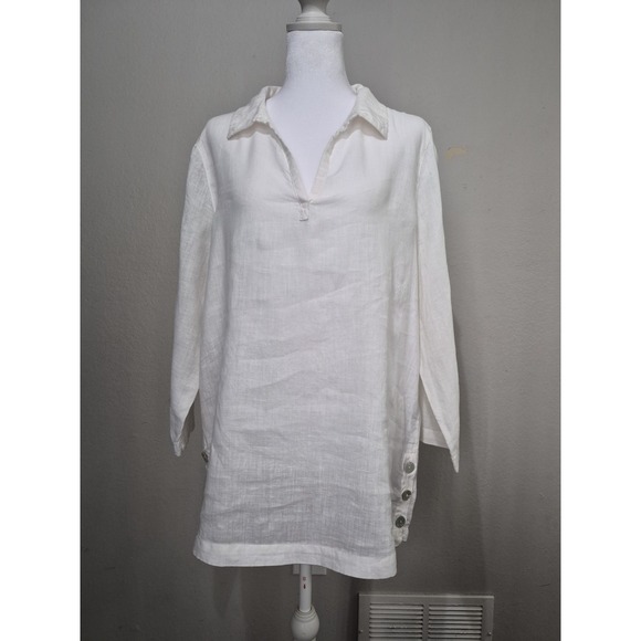 TAHARI White 100% Linen Tunic Blouse Shirt Sz L Popover Minimalist Coastal Beach - Picture 5 of 8
